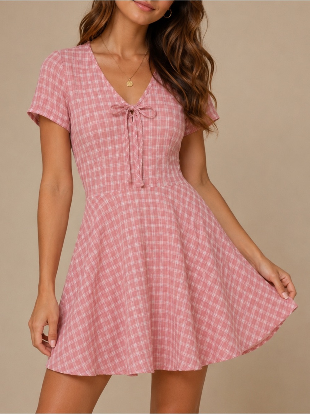 Pink Gingham Fit & Flare Mini Dress Tie Front V Neck Cottagecore XS